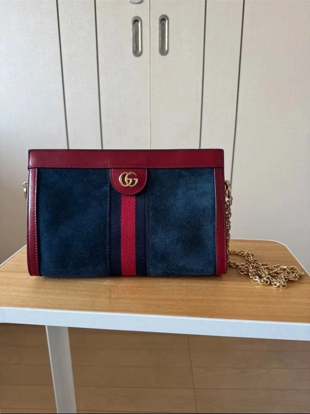 Gucci Navy Suede Crossbody with Red Trim and Gold Chain